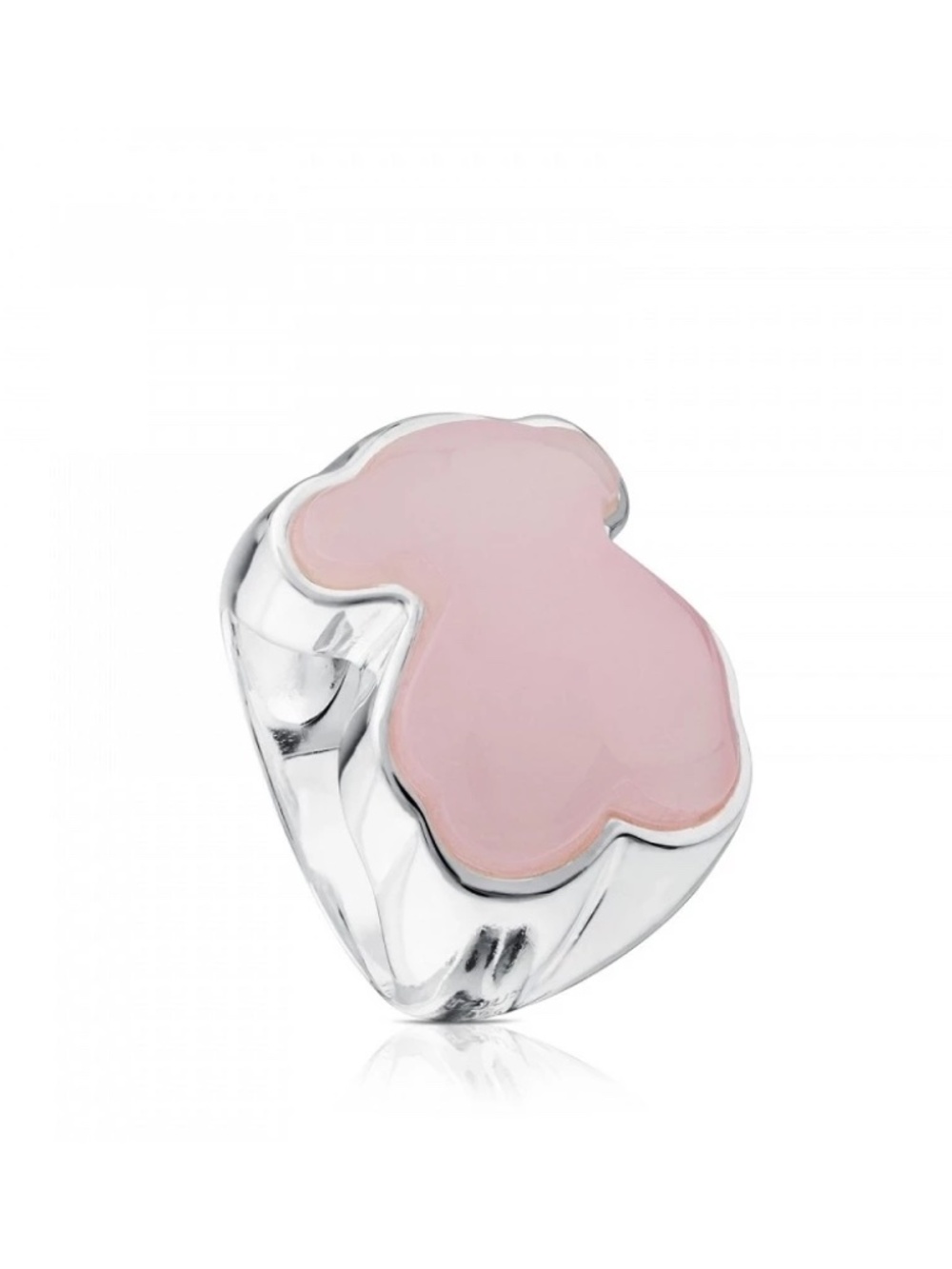 Tous Bulky Bear Stamp Ring 925 silver band ring with pink quartzite stone